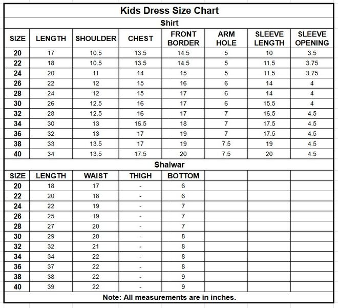 Kids Organza Net 3PC | 4122 size chart