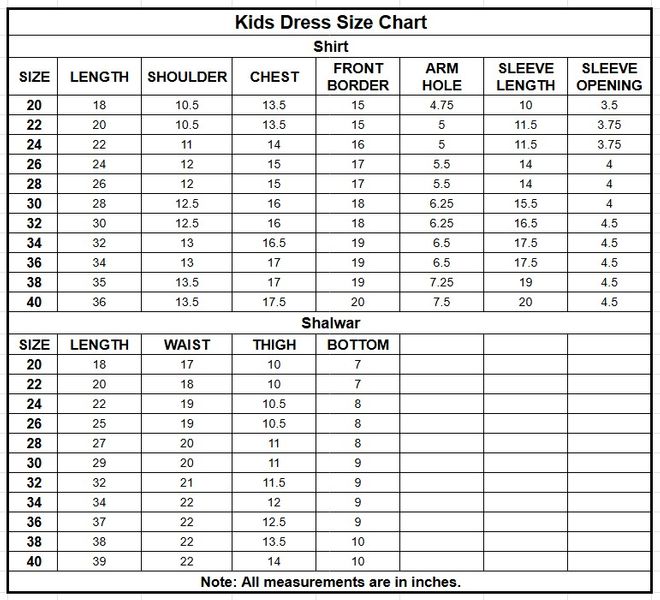 Kids Raw Silk 4PC | 440 size chart