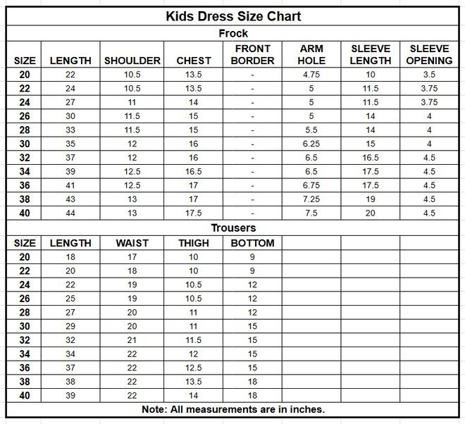 Kids Bindi Badla Frock | 9726 size chart