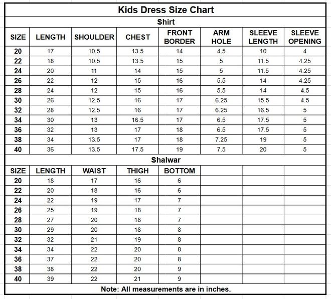 Kids Organza 3PC | 9794 size chart