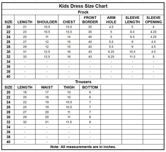 Kids Cotton Frock | 17556 size chart