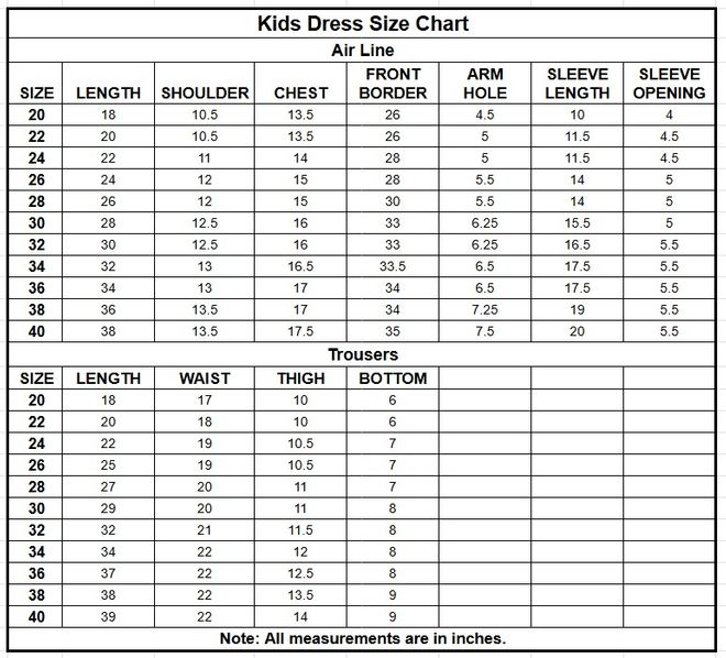 Kids Chiffon Air Line | 9809 size chart