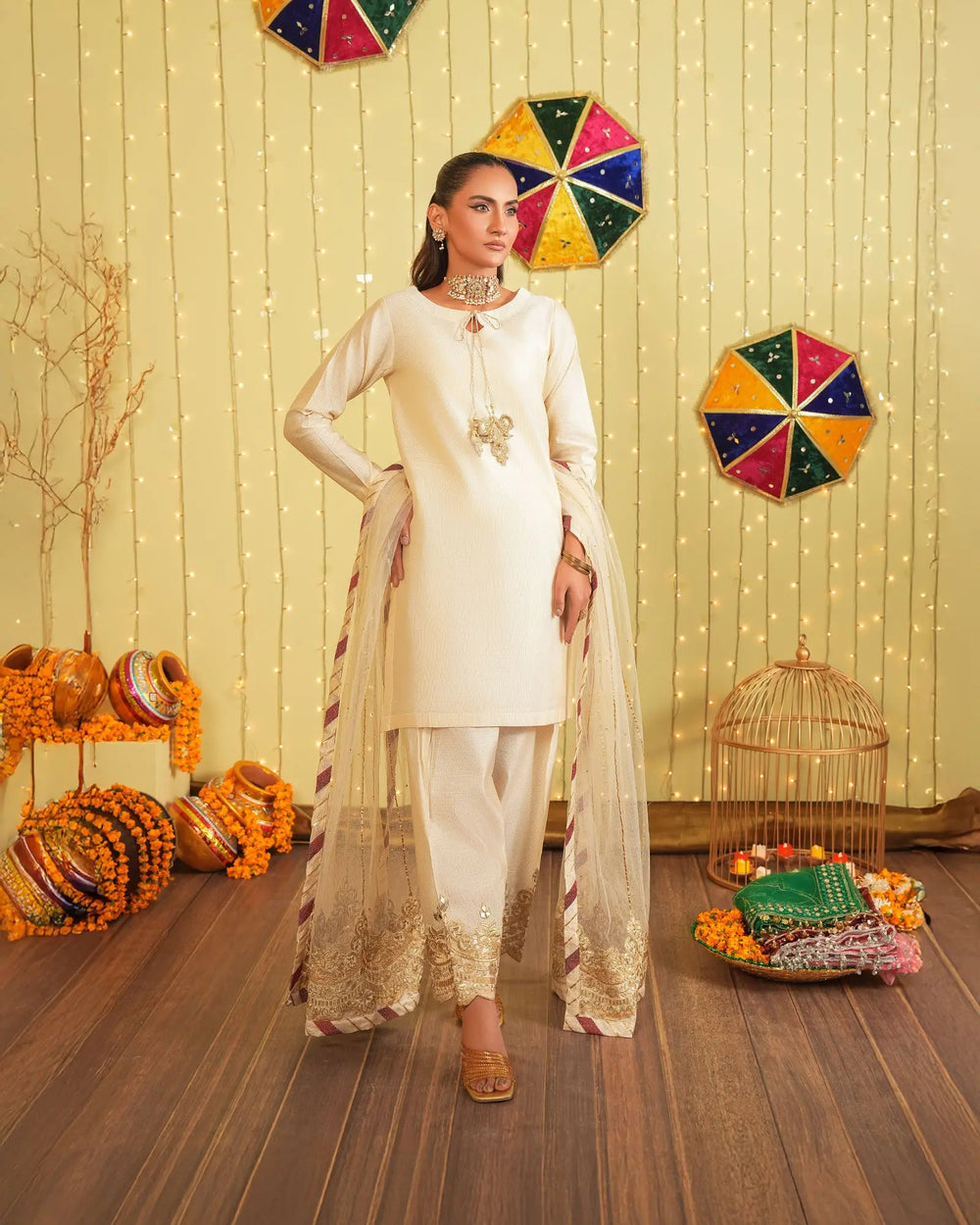 3 Piece Chambray Katan Suit Stitched | 9739-IG-S.KTN - Sha Posh Textile