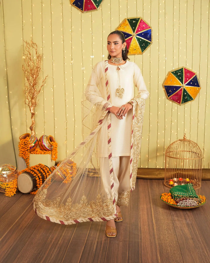 3 Piece Chambray Katan Suit Stitched | 9739-IG-S.KTN - Sha Posh Textile
