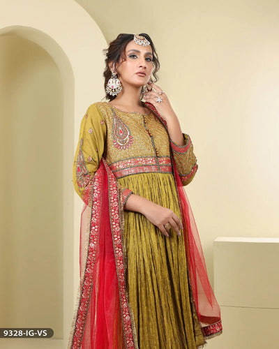 Formal Frock Style 3 Piece Embroidered suit (Stitched) | 9328-IG-S.KTN ShaPosh Textile