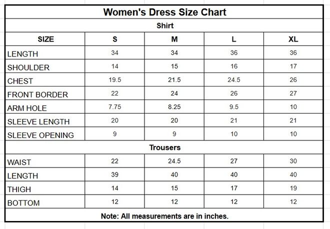 Women’s Embroidered Paper Katan 2 Piece Suit size chart