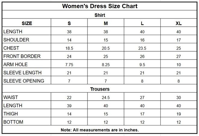 Women’s Pista Embroidered Jacquard Cotton 2 Piece Suit size chart