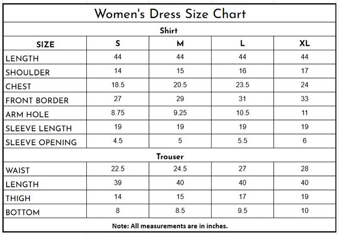 Women’s Off-White & Lilac Printed Cotton 2 Piece Suit size chart