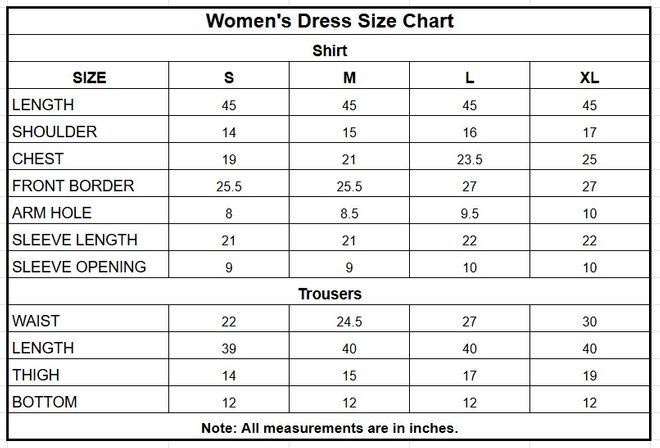 Women’s Printed Cotton 2 Piece Suit – Skin size chart