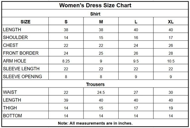 Women’s Multi-Colour Printed Cotton 2 Piece Suit size chart