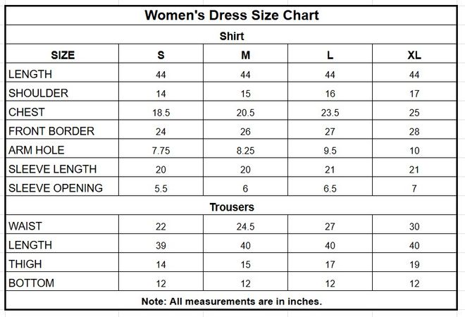 Women’s Off-White Blue Printed Cotton 2 Piece Suit size chart
