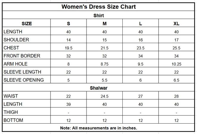 Women’s Grey Floral Printed Cotton 2 Piece Shalwar Suit size chart