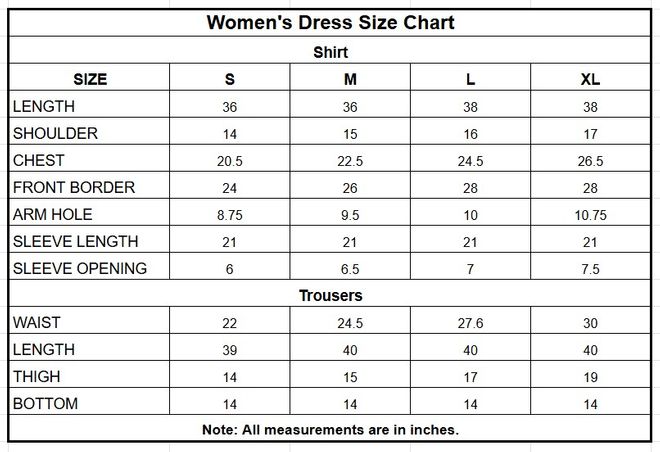 Women’s Pink Botanical Printed Cotton 2 Piece Suit size chart