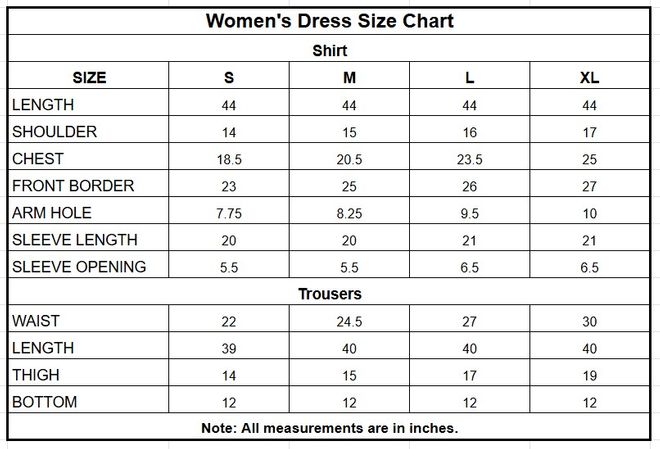 Women’s Pista Floral Printed Cotton 2 Piece Suit size chart