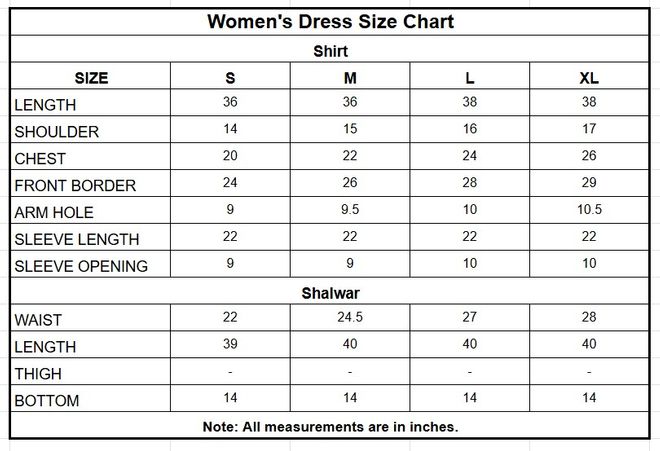 Women’s Dusty Pink Printed Cotton 2 Piece Shalwar Suit size chart