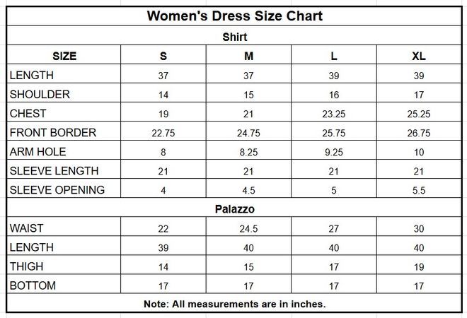 Women’s Off-White Printed Cotton 2 Piece Palazzo Suit size chart