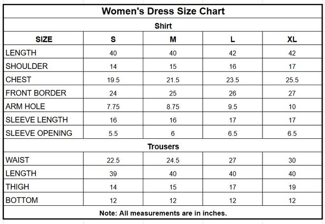 Women’s Grey Floral Printed Cotton 2 Piece Suit size chart