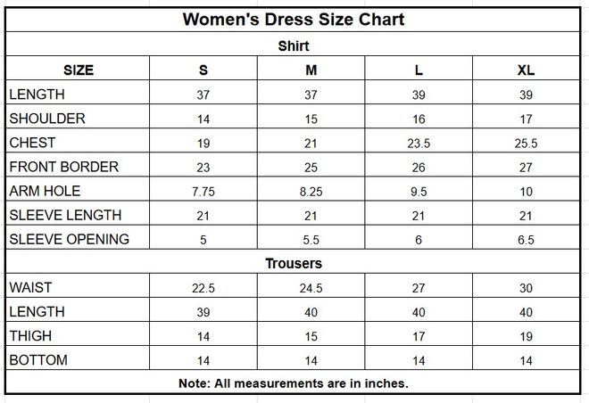 Women's Cotton Printed 2 Piece Stitched Suit size chart