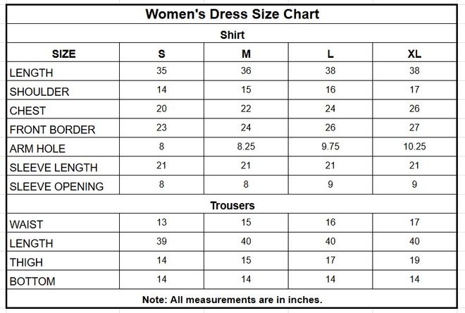 Women’s Ice Blue Printed & Embroidered Cotton 2 Piece Suit size chart