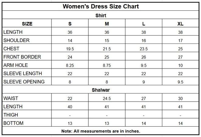 Ferozi Printed Cotton 2 Piece Shalwar Kameez Suit size chart
