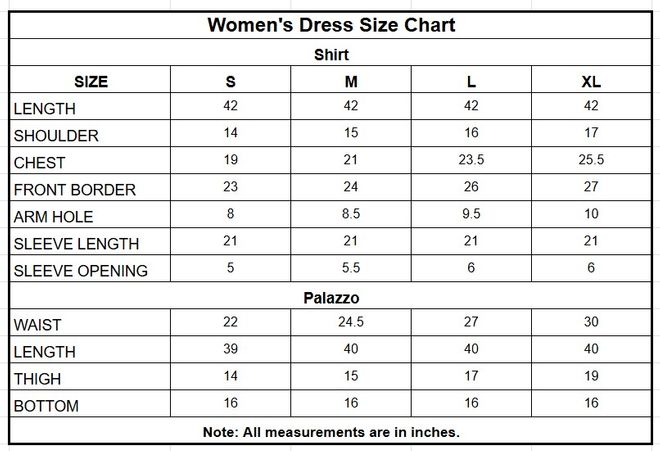 Bluish Grey Printed Cotton Palazzo Suit for Women size chart