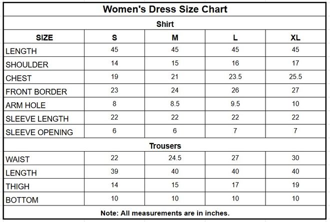 Women’s Embroidered Jacquard Cotton 2 Piece Suit size chart