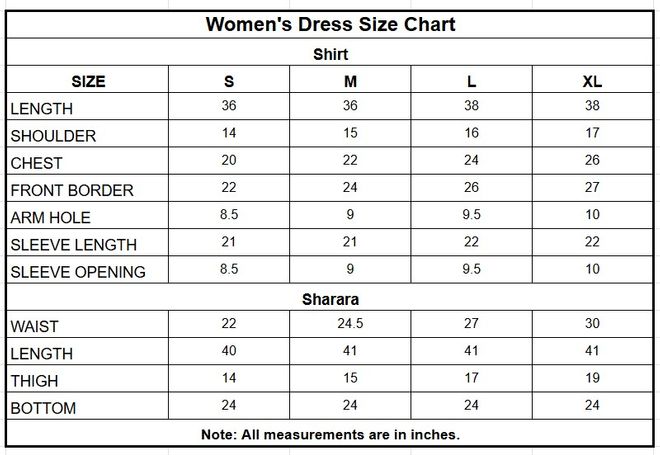 Women’s Embroidered Jacquard Cotton Sharara Suit size chart