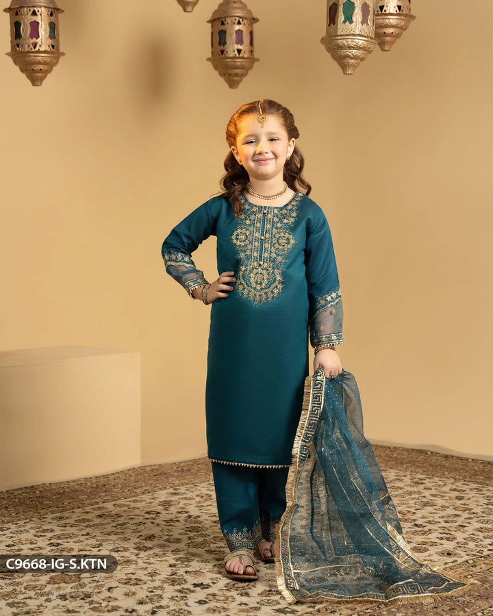 Kids 3 Piece Chambray Katan Suit | 9668-IG-S.KTN - Sha Posh Textile