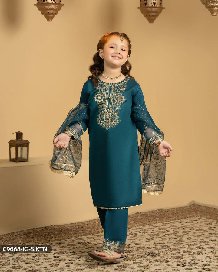 Kids 3 Piece Chambray Katan Suit | 9668-IG-S.KTN - Sha Posh Textile