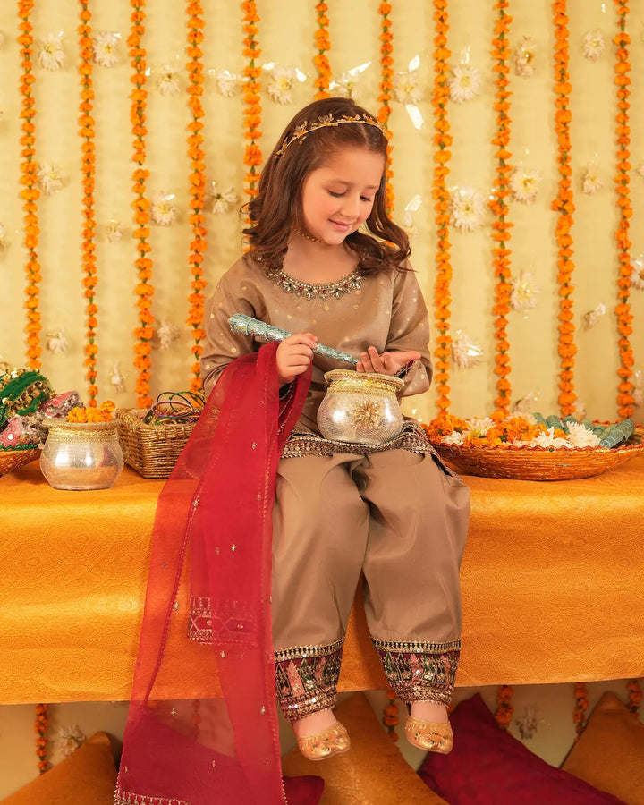 Kids 3 Piece Zari Badla Suit Stitched | 4080-SJ-B.BADLA Sha Posh Textile