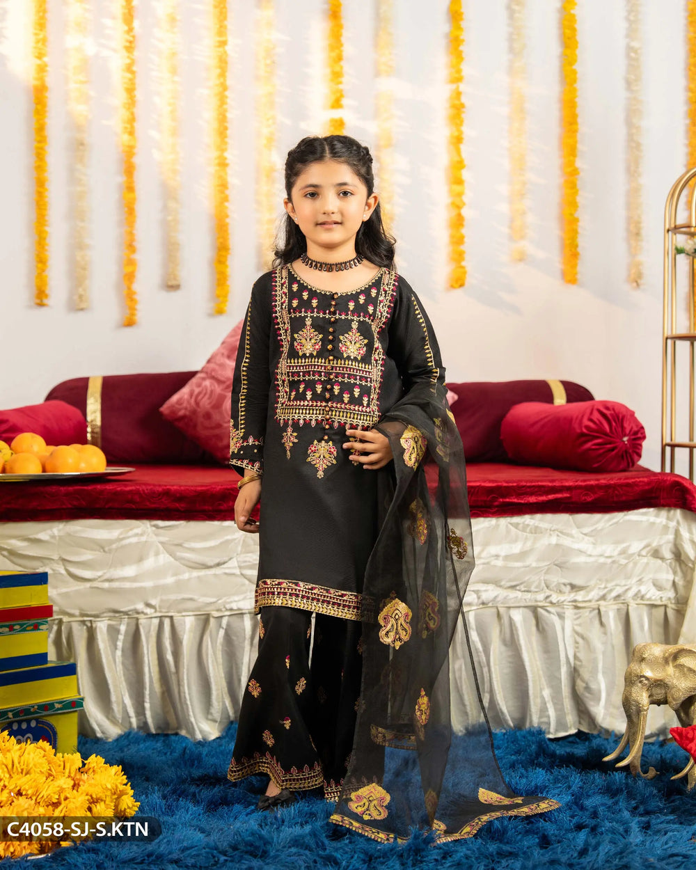 Kids Chambray Katan Embroidered Suit | 4058-SJ-S.KTN - Sha Posh Textile