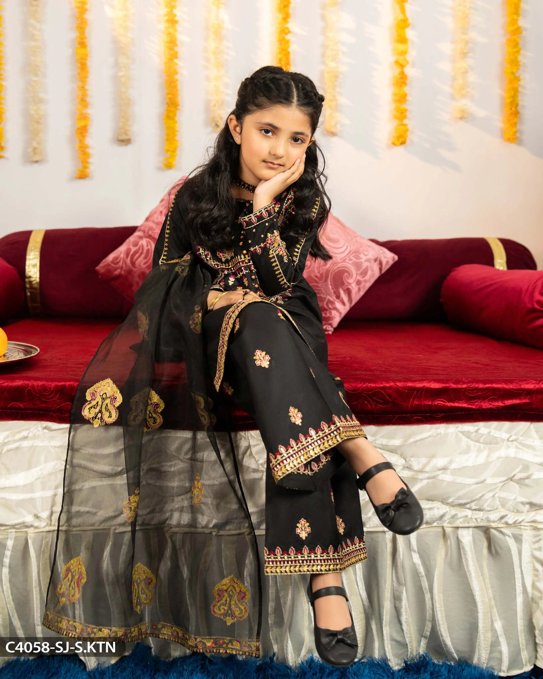 Kids Chambray Katan Embroidered Suit | 4058-SJ-S.KTN - Sha Posh Textile