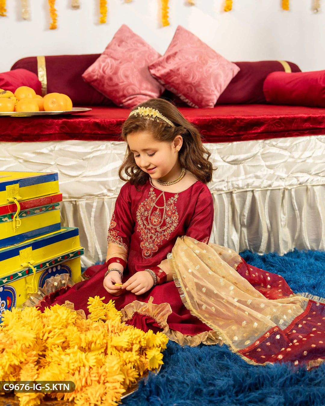 Kids Chambray Katan Embroidered Suit | 9676-IG-S.KTN Sha Posh Textile