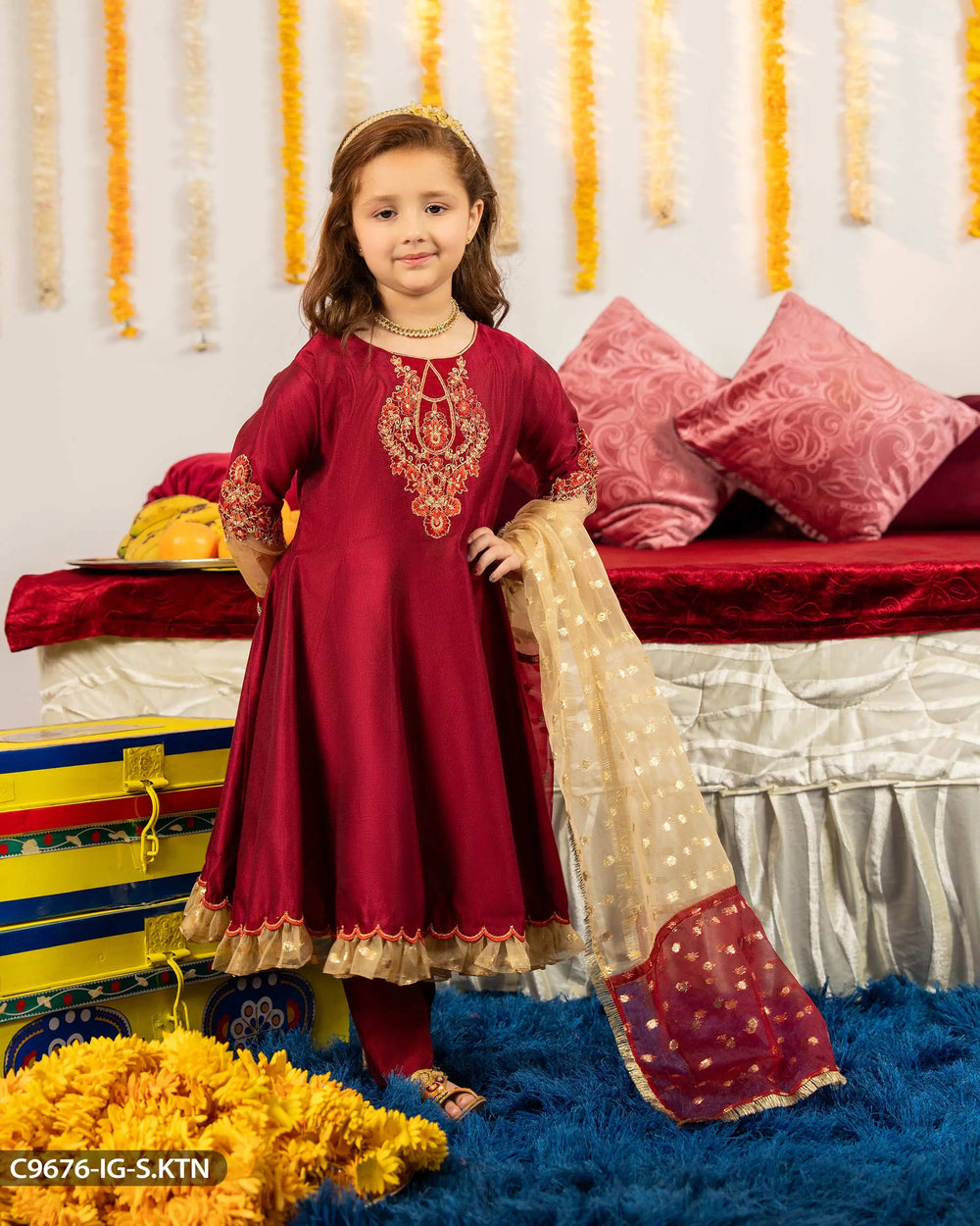 Kids Chambray Katan Embroidered Suit | 9676-IG-S.KTN Sha Posh Textile