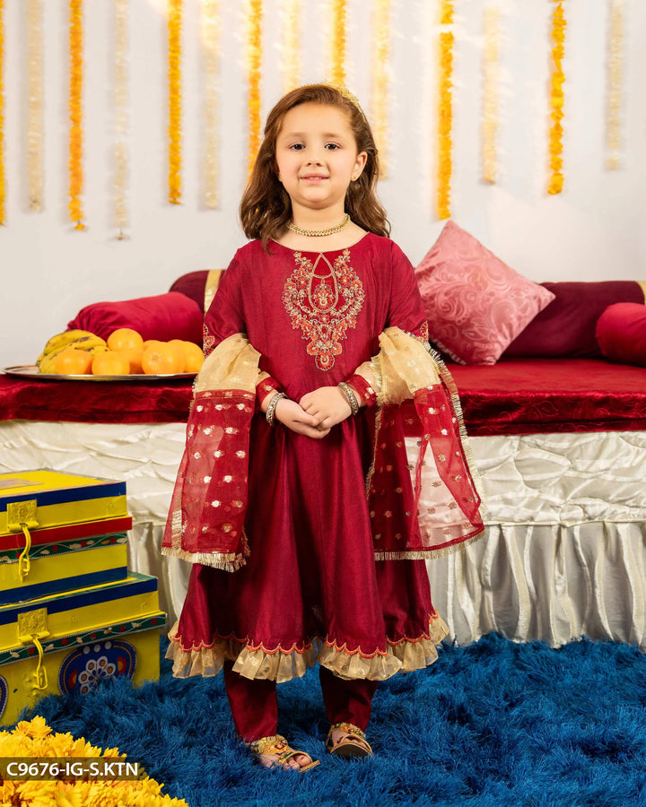 Kids Chambray Katan Embroidered Suit | 9676-IG-S.KTN Sha Posh Textile
