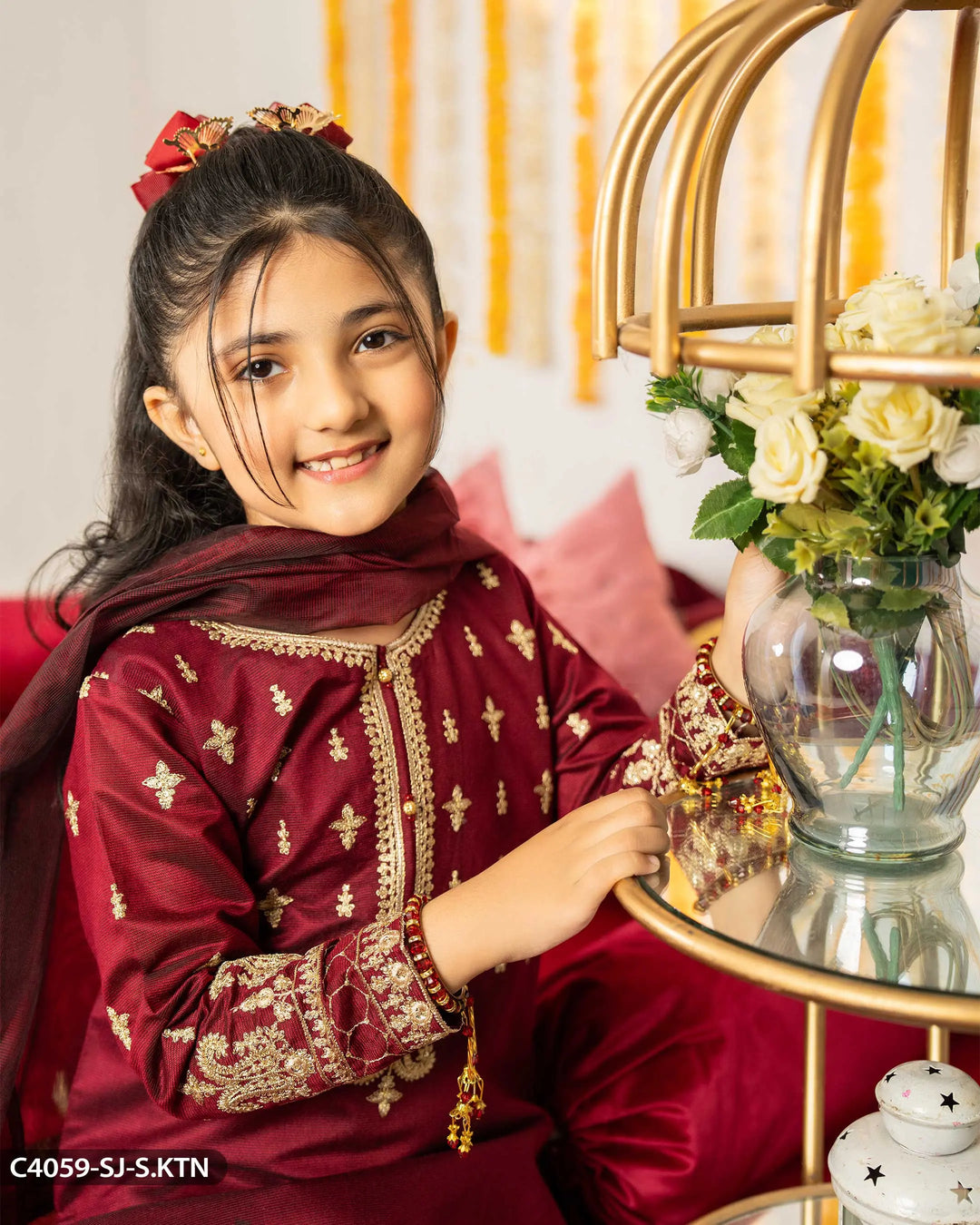 Kids Embroidered Chambray Katan Suit | 4059-SJ-S.KTN Sha Posh Textile
