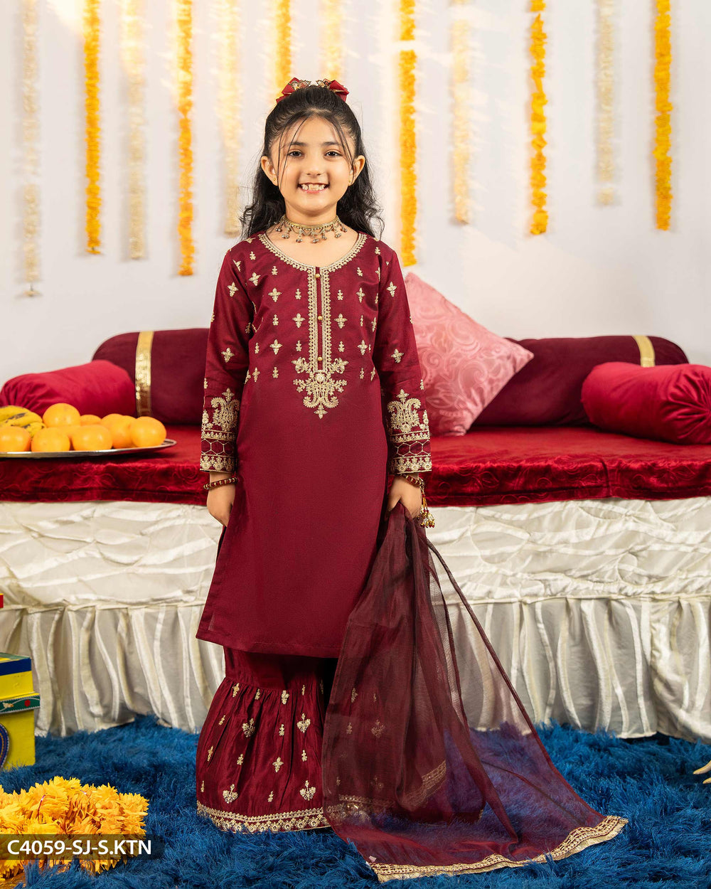 Kids Embroidered Chambray Katan Suit | 4059-SJ-S.KTN Sha Posh Textile
