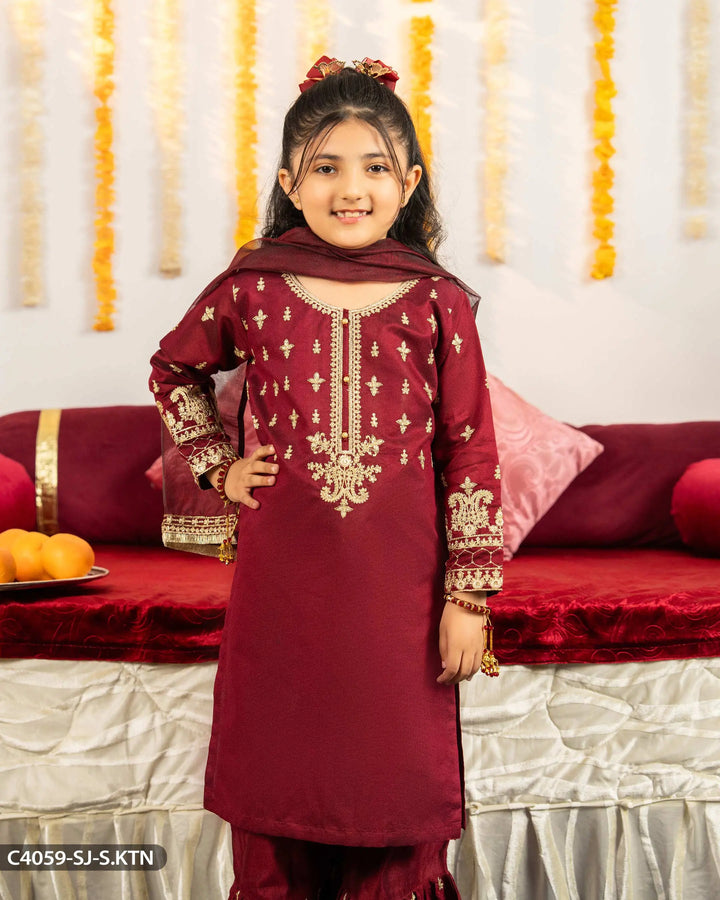 Kids Embroidered Chambray Katan Suit | 4059-SJ-S.KTN Sha Posh Textile