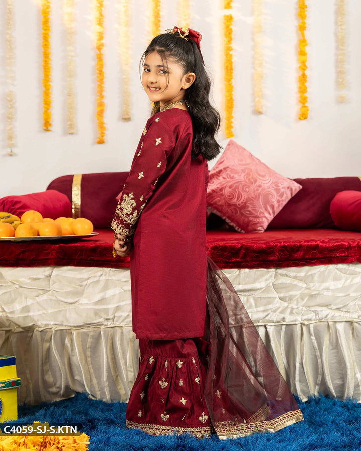 Kids Embroidered Chambray Katan Suit | 4059-SJ-S.KTN Sha Posh Textile