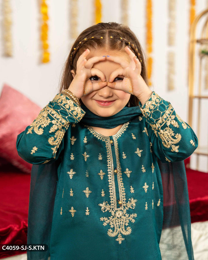 Kids Embroidered Chambray Katan Suit | 4059-SJ-S.KTN Sha Posh Textile