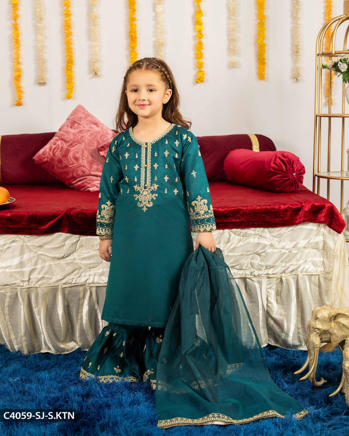Kids Embroidered Chambray Katan Suit | 4059-SJ-S.KTN Sha Posh Textile