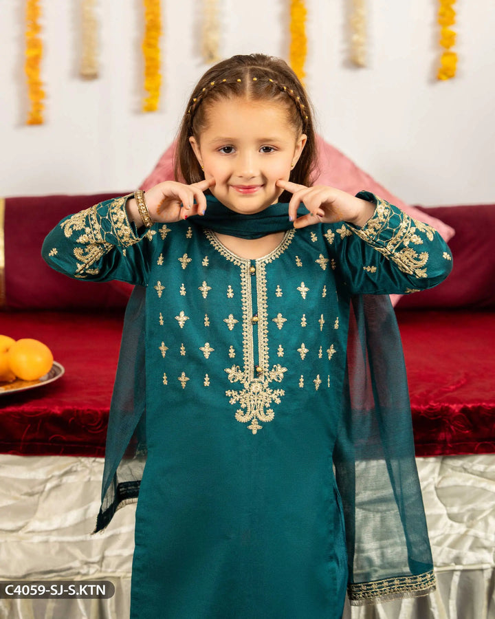 Kids Embroidered Chambray Katan Suit | 4059-SJ-S.KTN Sha Posh Textile