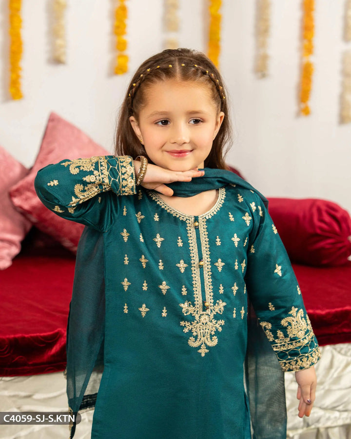 Kids Embroidered Chambray Katan Suit | 4059-SJ-S.KTN Sha Posh Textile