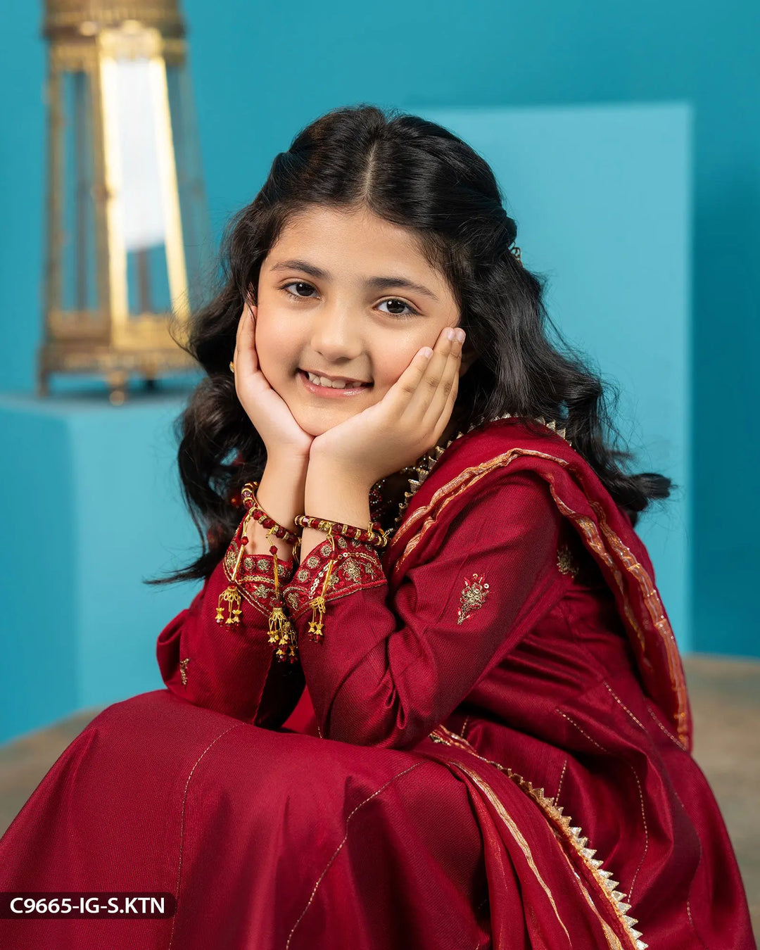 Kids Embroidered Chambray Katan Suit | 9665-IG-S.KTN Sha Posh Textile