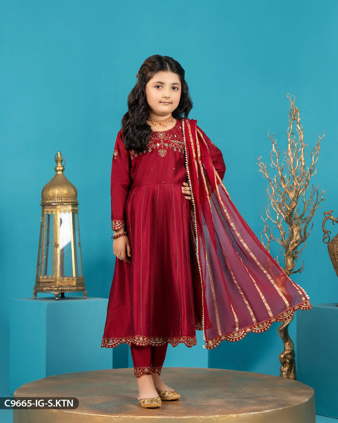 Kids Embroidered Chambray Katan Suit | 9665-IG-S.KTN Sha Posh Textile