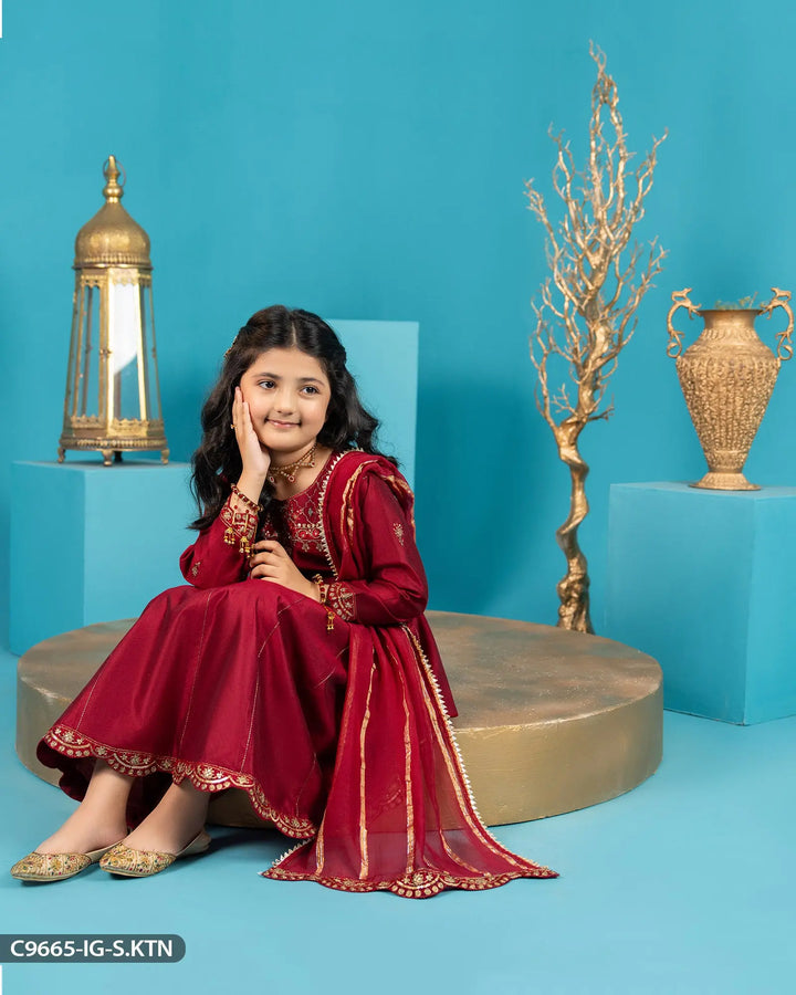 Kids Embroidered Chambray Katan Suit | 9665-IG-S.KTN Sha Posh Textile