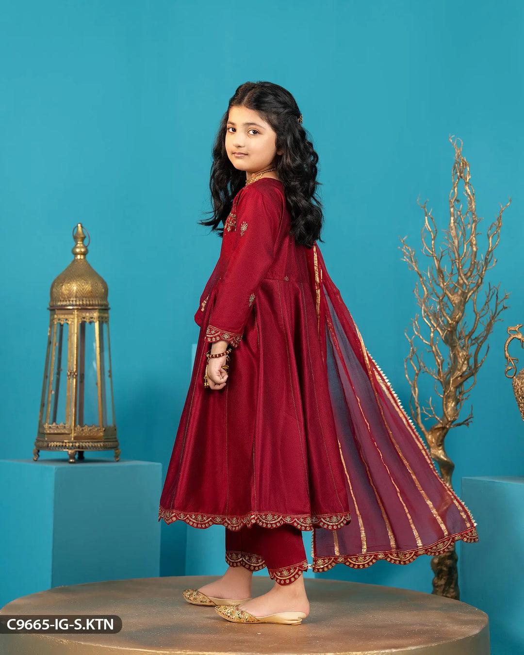 Kids Embroidered Chambray Katan Suit | 9665-IG-S.KTN Sha Posh Textile