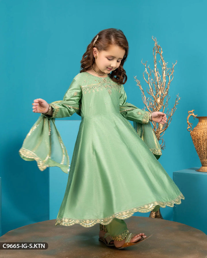 Kids Embroidered Chambray Katan Suit | 9665-IG-S.KTN Sha Posh Textile