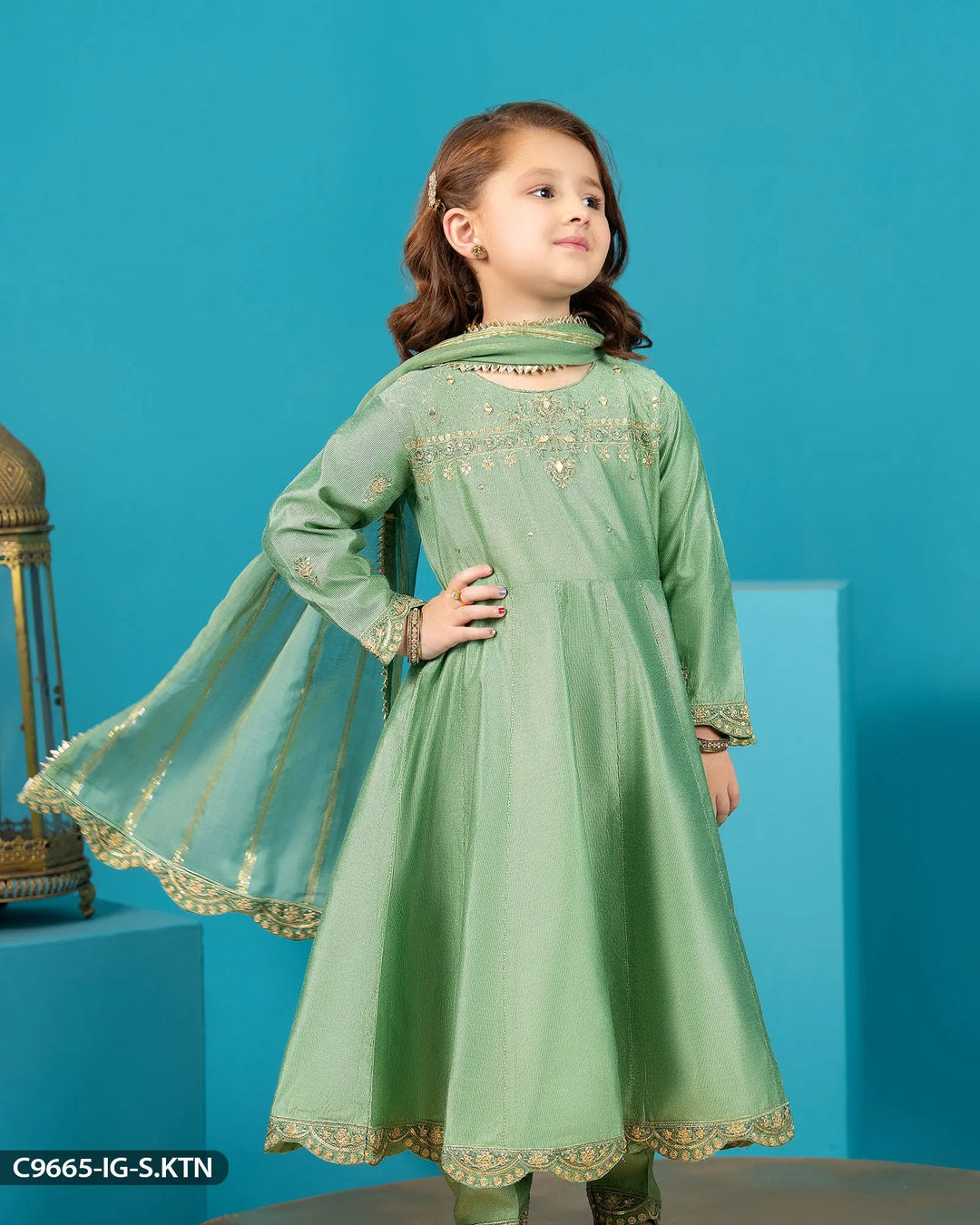 Kids Embroidered Chambray Katan Suit | 9665-IG-S.KTN Sha Posh Textile