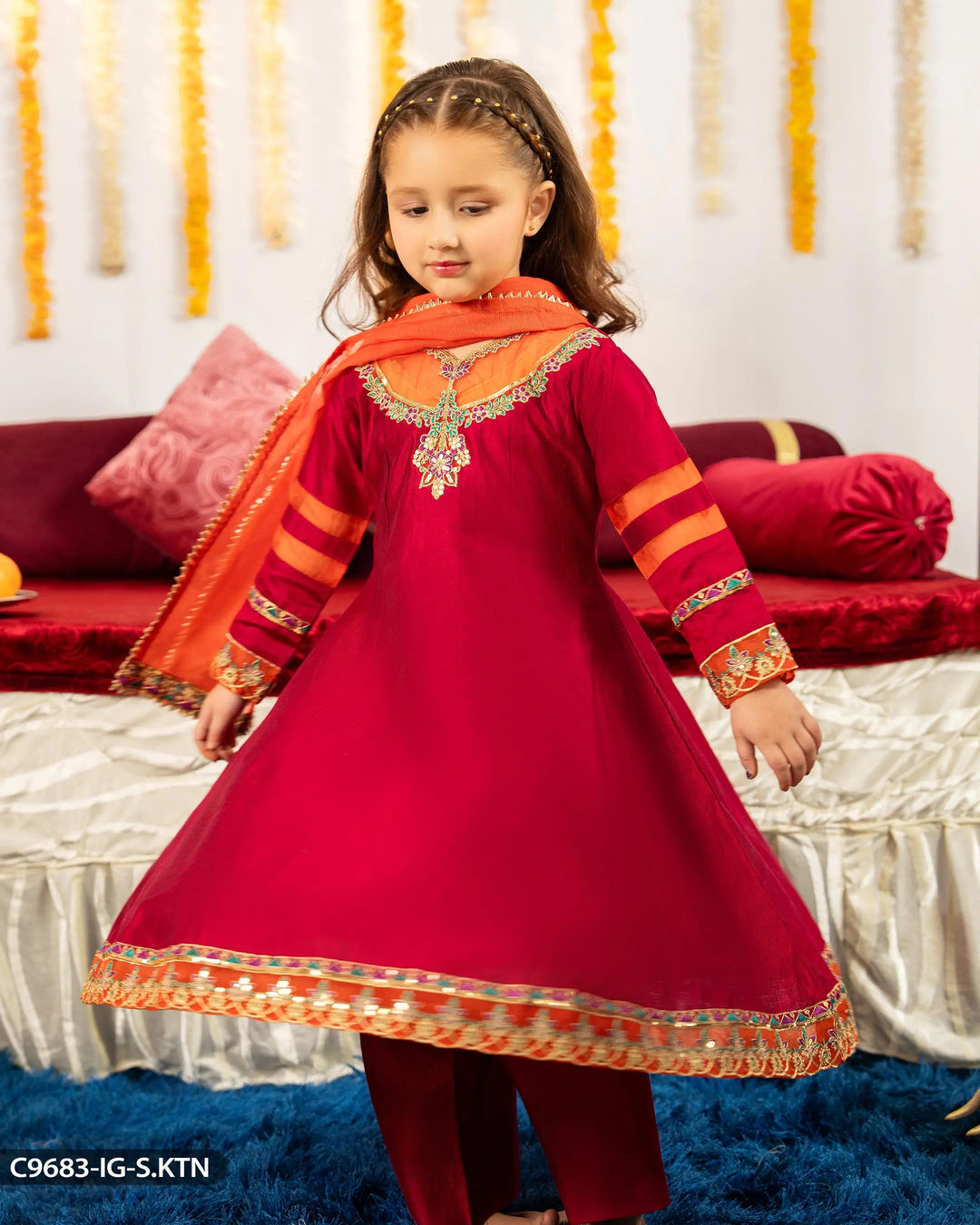 Kids 3 Piece Chambray Katan Frock | 9683-IG-S.KTN - Sha Posh Textile
